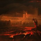 Fiery mountains under red sky: Apocalyptic hellscape depiction