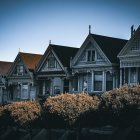 Victorian-style houses at dusk with vibrant orange and blue flowers.