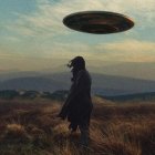 Person in long coat gazes at misty landscape with UFOs in dramatic sky