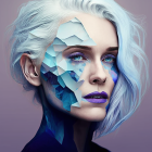 Digital Artwork: Pale Skin, Silver Hair, Geometric Blue & White Pattern