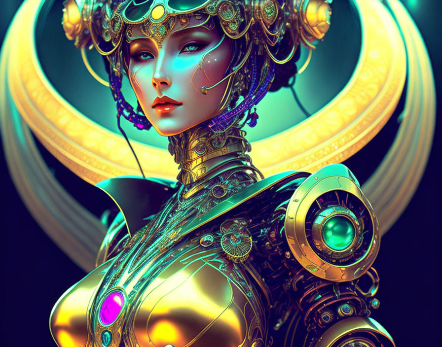 Blue-skinned female android in gold armor with neon accents