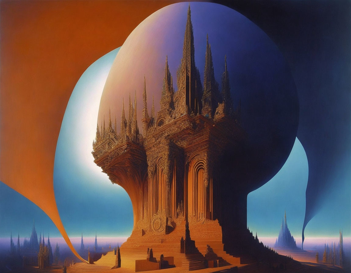 Gothic cathedral painting on plateau with giant planet backdrop