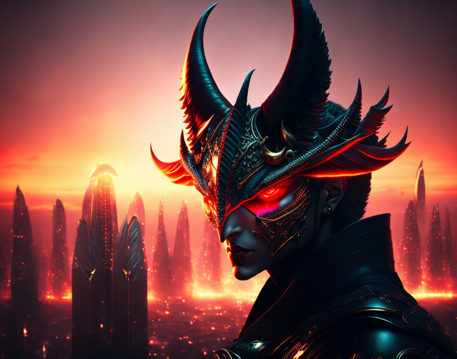 Fantasy character in black and red horned helmet and armor against fiery cityscape at dusk.