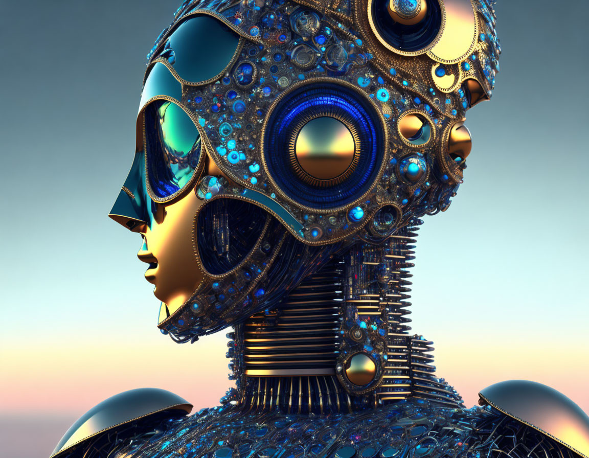 Intricate humanoid robot head with metallic and jeweled details