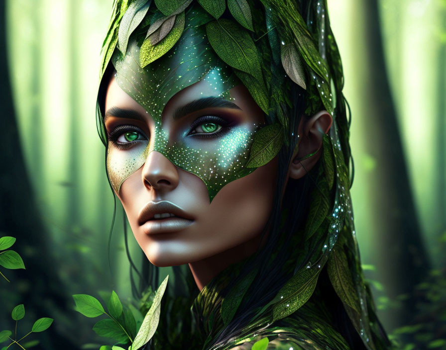 Fantasy illustration of woman with leafy motifs and green makeup in forest