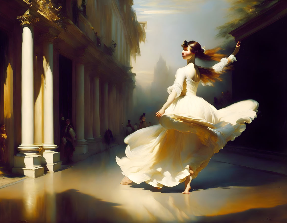 Graceful woman in flowing white dress dances among sunlit classical pillars