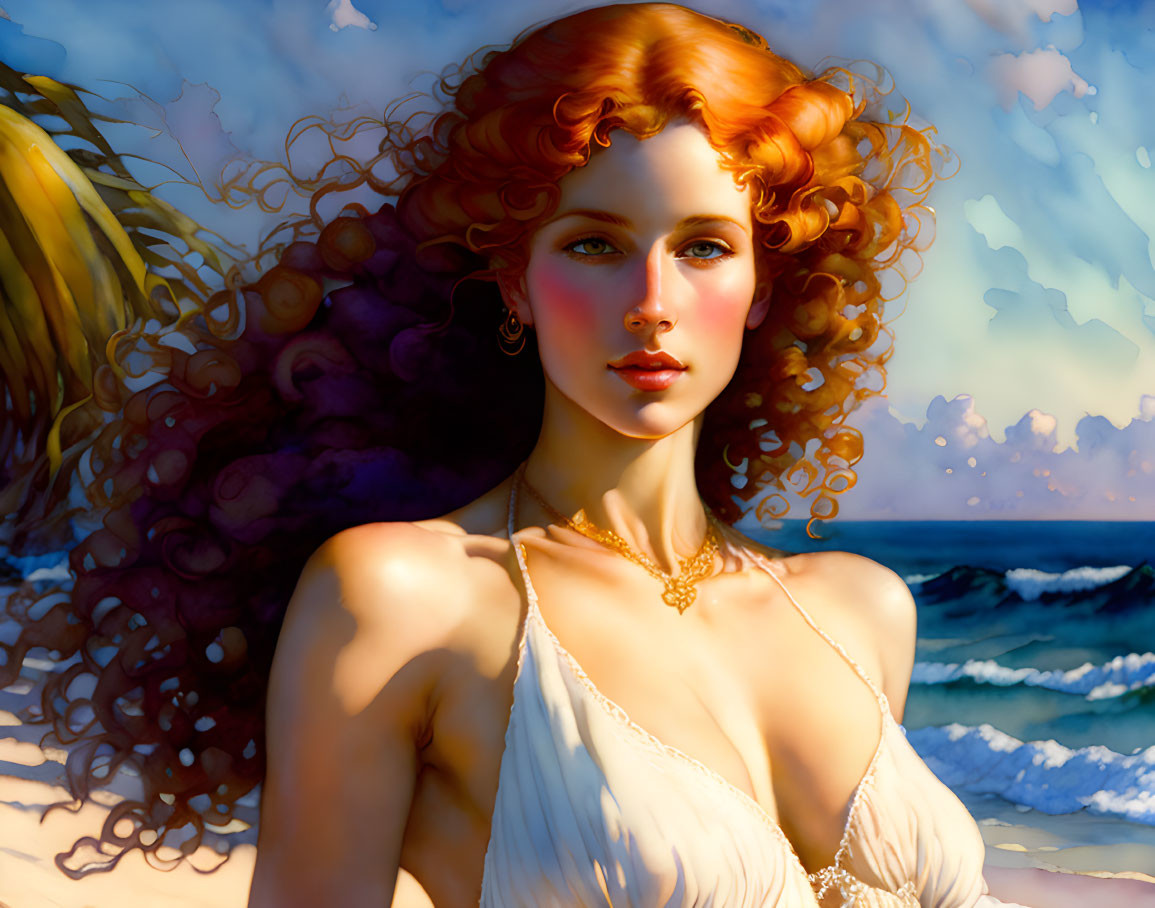 Digital artwork: Woman with red hair and blue eyes in white dress on serene beach.