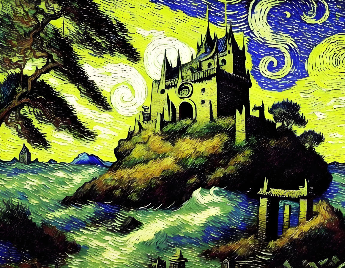 Colorful expressionist painting of castle on hill with swirling sky