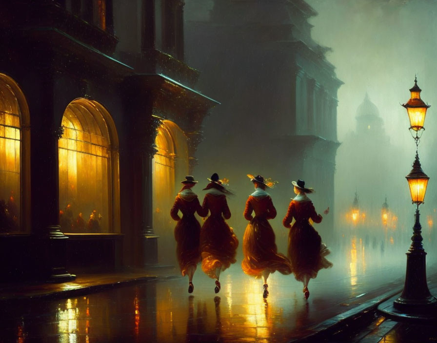 Four individuals in red dresses and hats dancing on misty cobblestone street at night