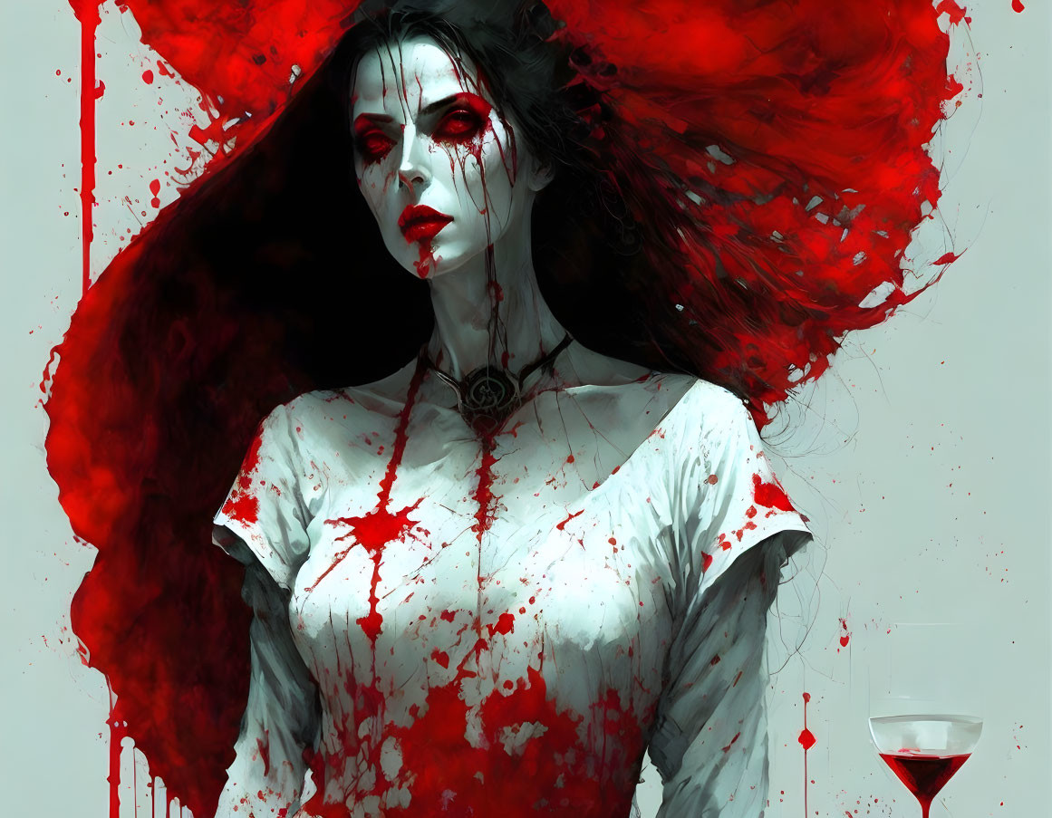 Dark and Macabre Image of Woman with Red Eyes and Blood Splatters