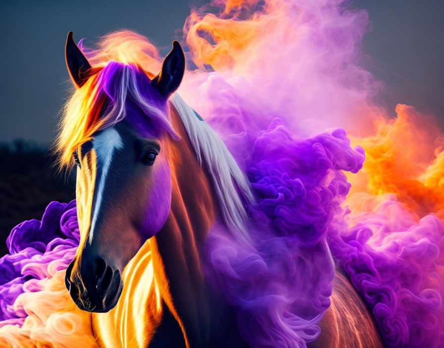 Vibrant horse with golden coat in pink-maned, purple and orange smoke