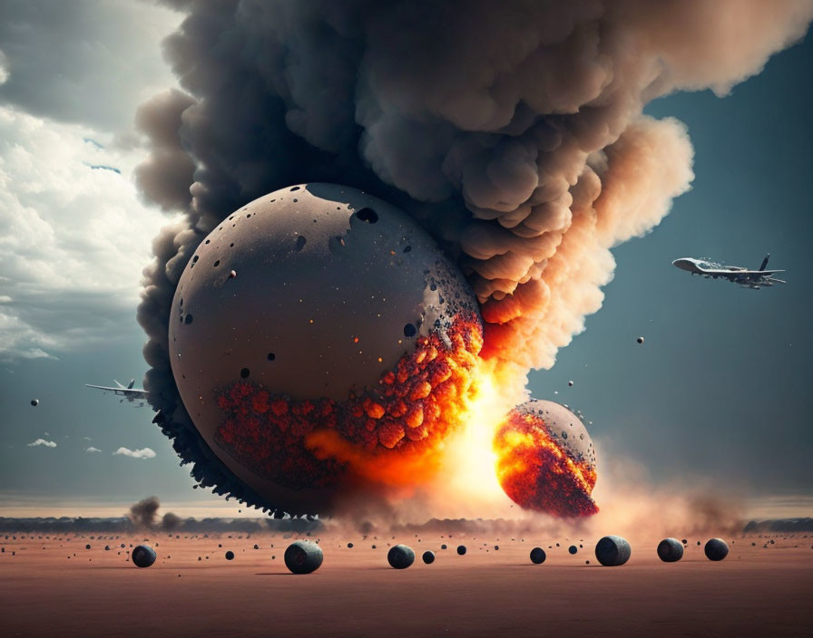 Giant fiery sphere explodes in surreal barren landscape