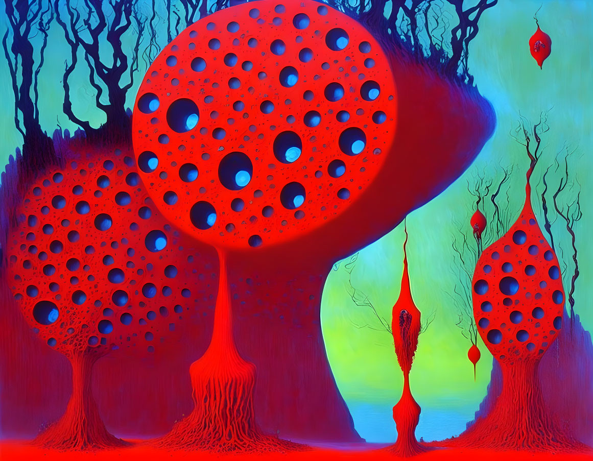 Surreal landscape with perforated circular tree canopies in red and blue