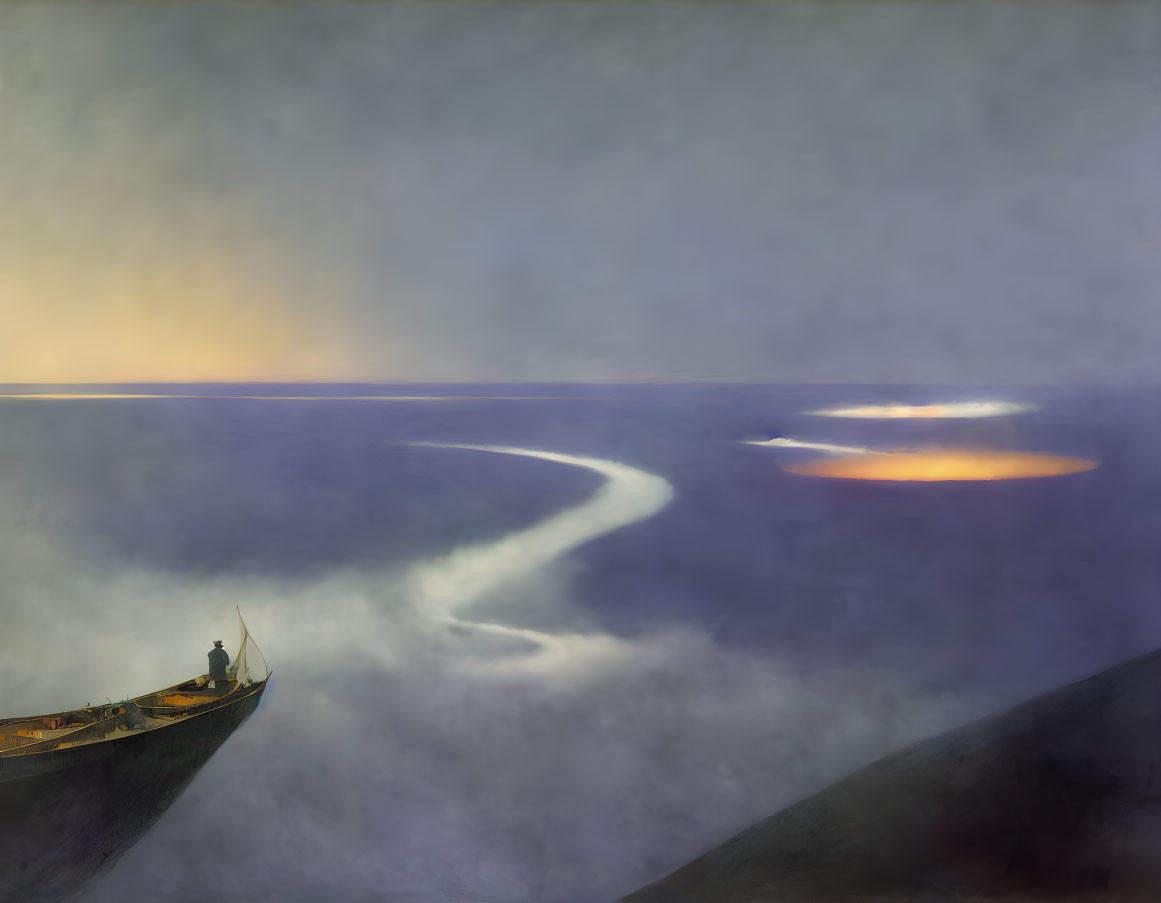 Boat on vast sea with swirling fog and warm horizon glow