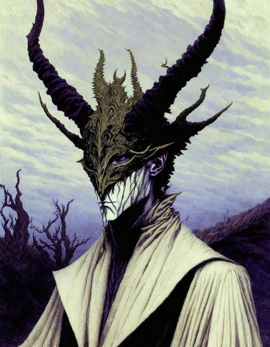 Figure with ornate antlers, masked face, high-collared cape in purple twilight.