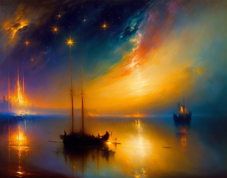 Colorful Surreal Seascape with Ships on Calm Waters and Cosmic Sky