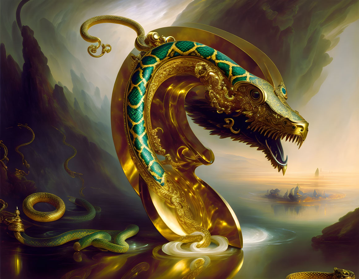 Golden Dragon Emerges from Misty Waters in Mystical Sunset