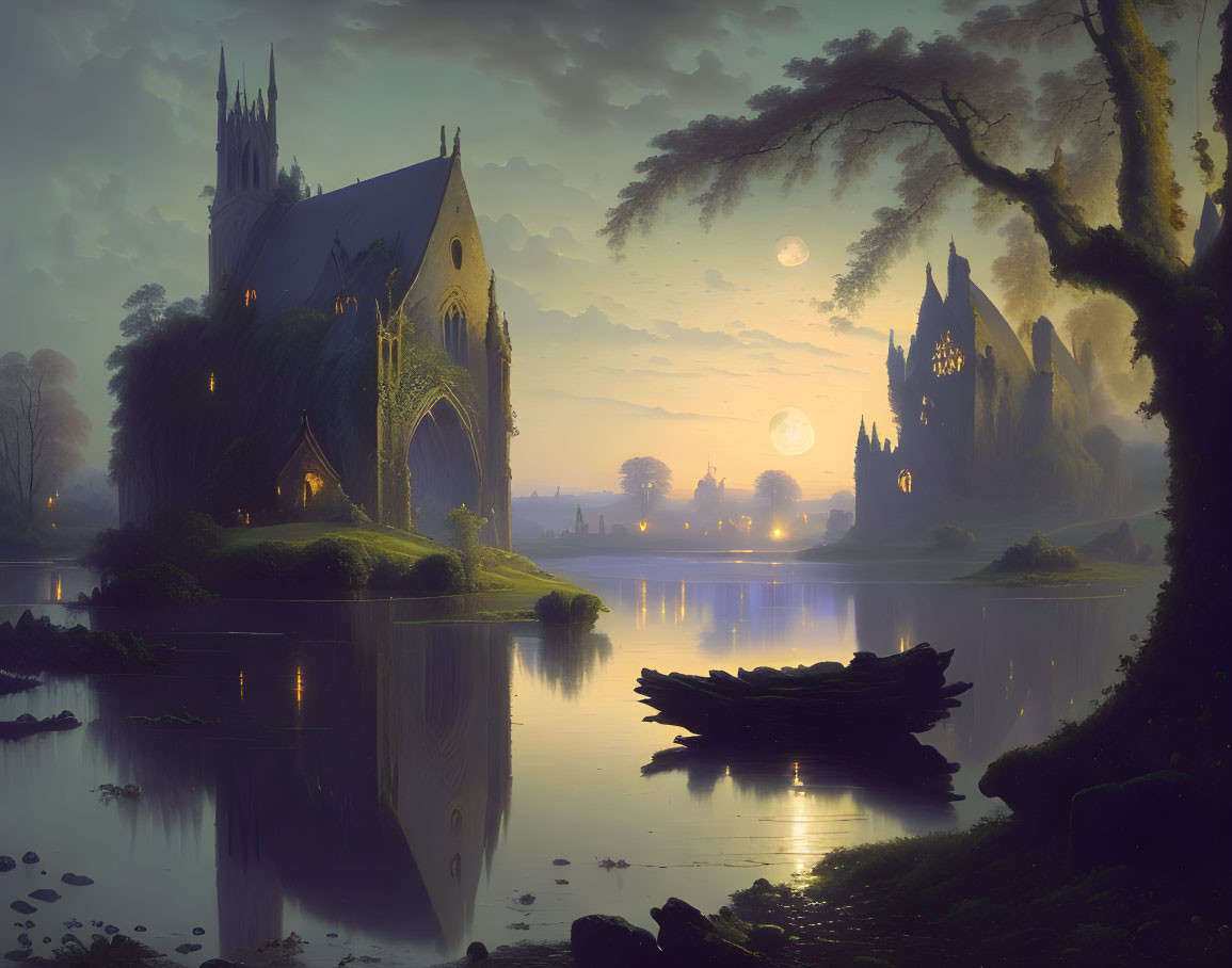 Gothic cathedral by tranquil lake at dusk