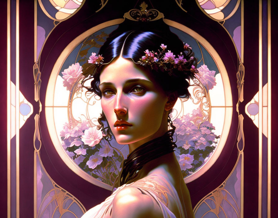 Stylized portrait of a woman with floral hair against stained glass backdrop