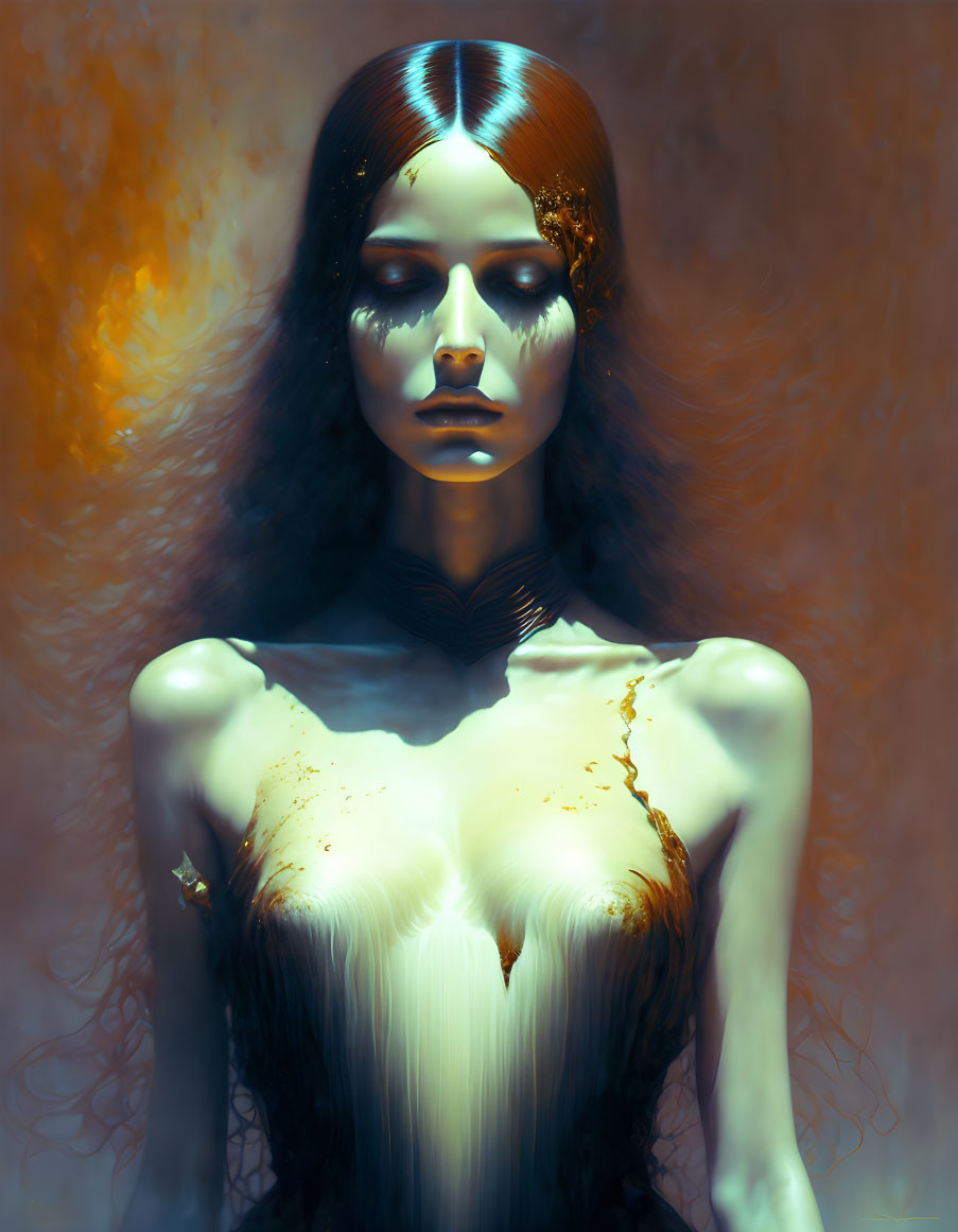 Surreal portrait: Woman with gold-leaf details, dark choker, fiery backdrop