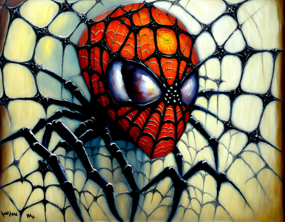 Spider-Man mask fused with spider in vibrant painting