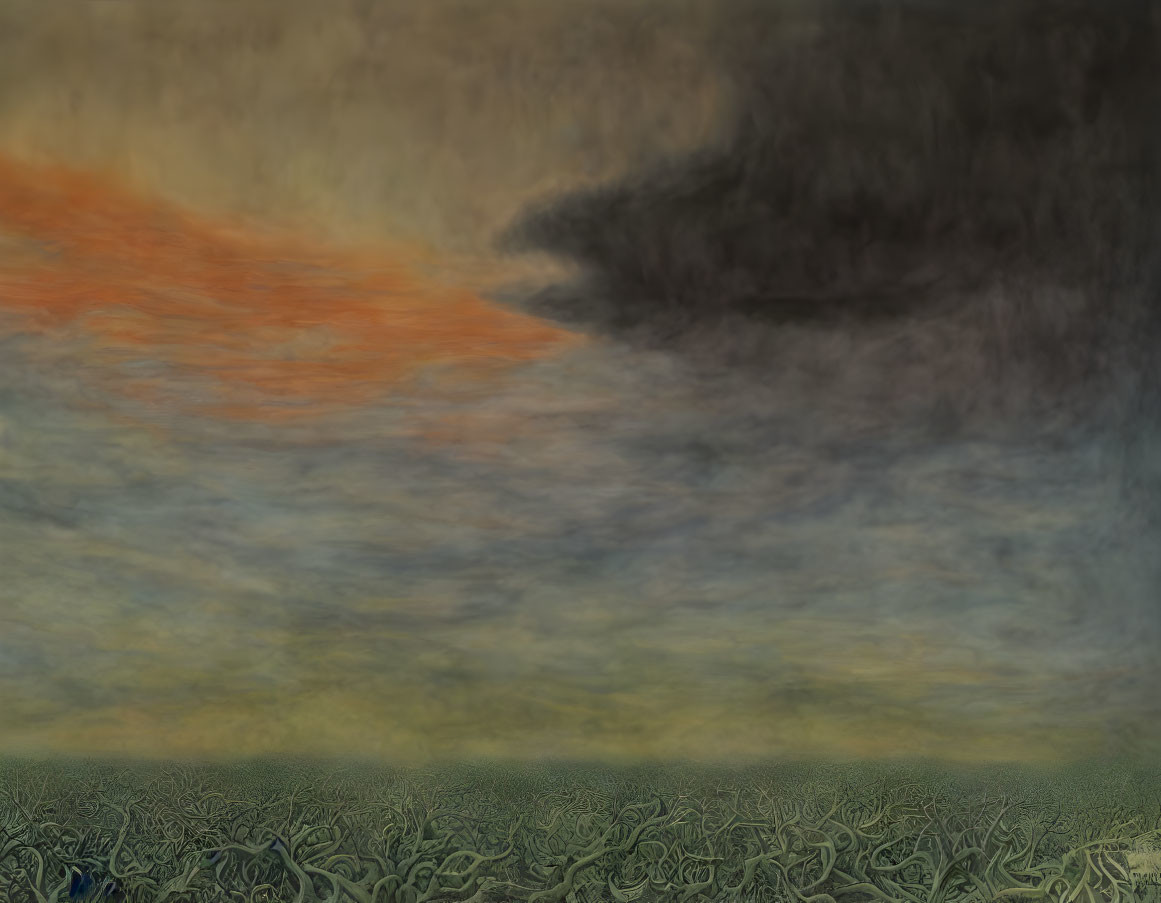 Digital landscape with dark cloud, orange sky, and green swirling ground