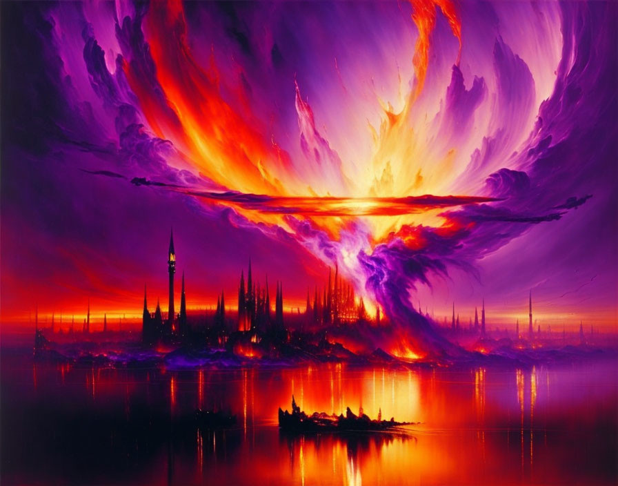 Fantastical landscape digital art with purple and orange sky