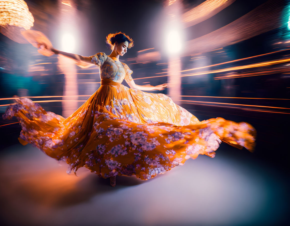 Woman twirls in ornate orange dress with floral patterns in dynamic background