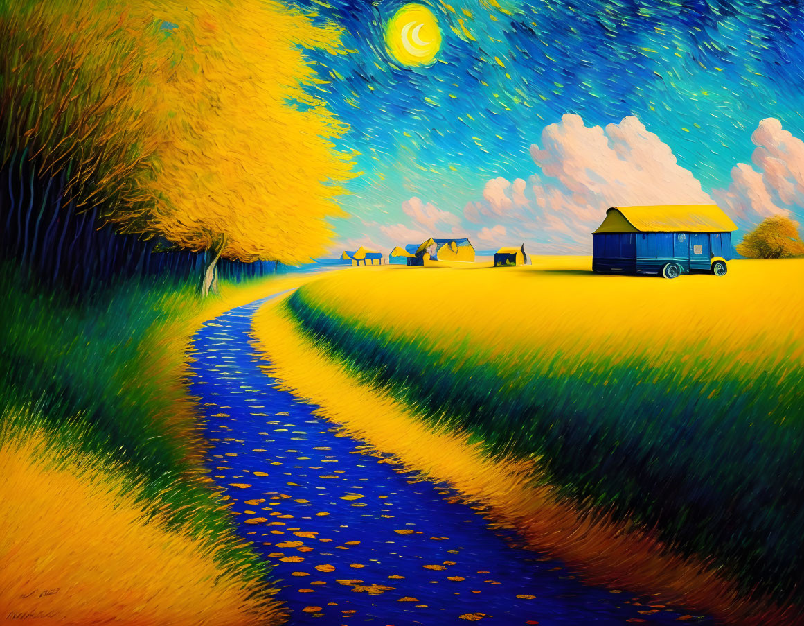 Scenic painting of winding path through golden fields