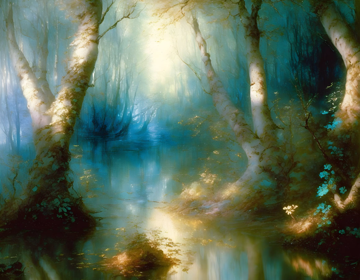 Sunlit mystical forest and serene water reflections