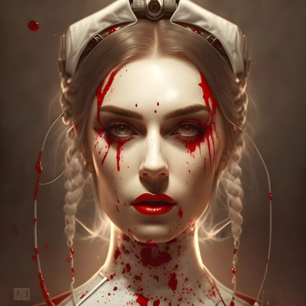 Digital artwork: Pale-skinned woman with red splatters, intense gaze, braided hair, red