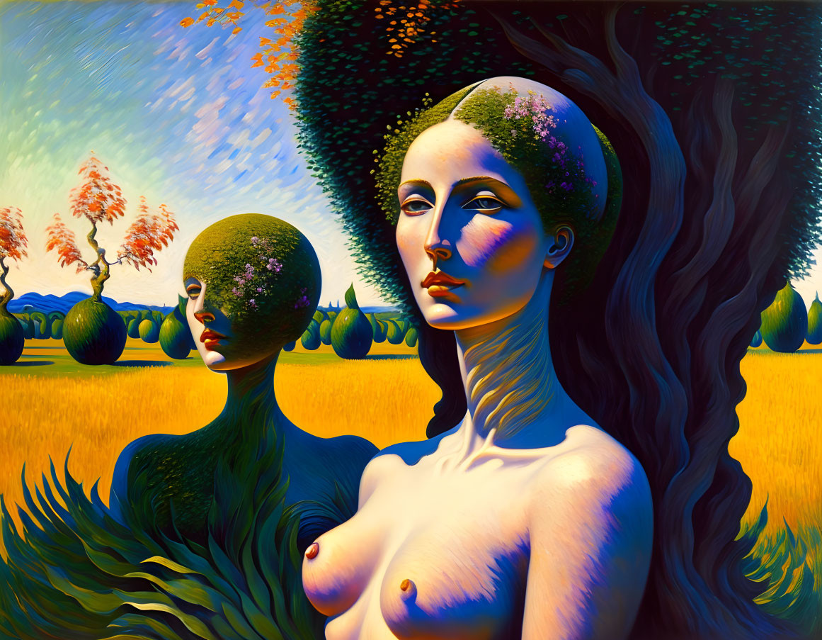 Surreal painting of two women with tree-like features in vibrant landscape