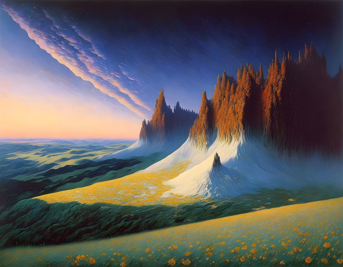 Surreal landscape with cascading cliffs and waterfall-like trees in twilight scene