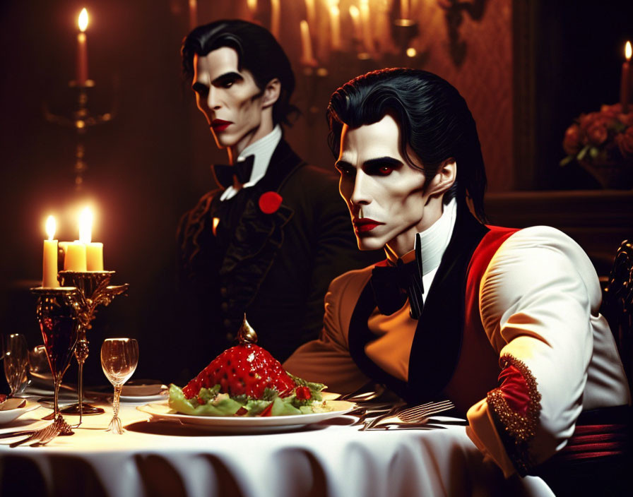 Gothic figures at elegant dinner setting with candles