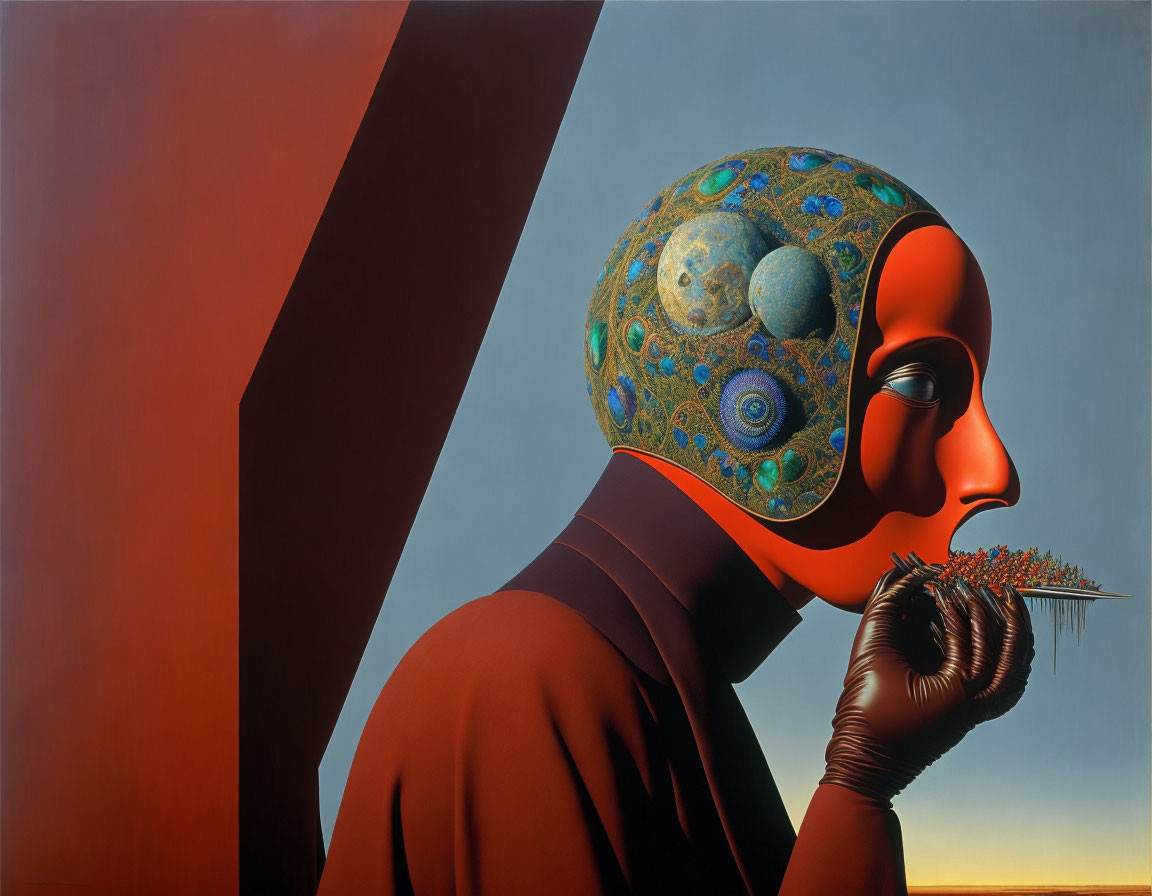 Surrealist painting: humanoid figure with egg-shaped head and thistle, geometric background