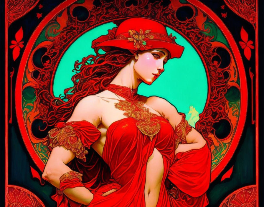 Art Nouveau Style Illustration: Woman with Flowing Red Hair and Dress in Circular Floral Frame