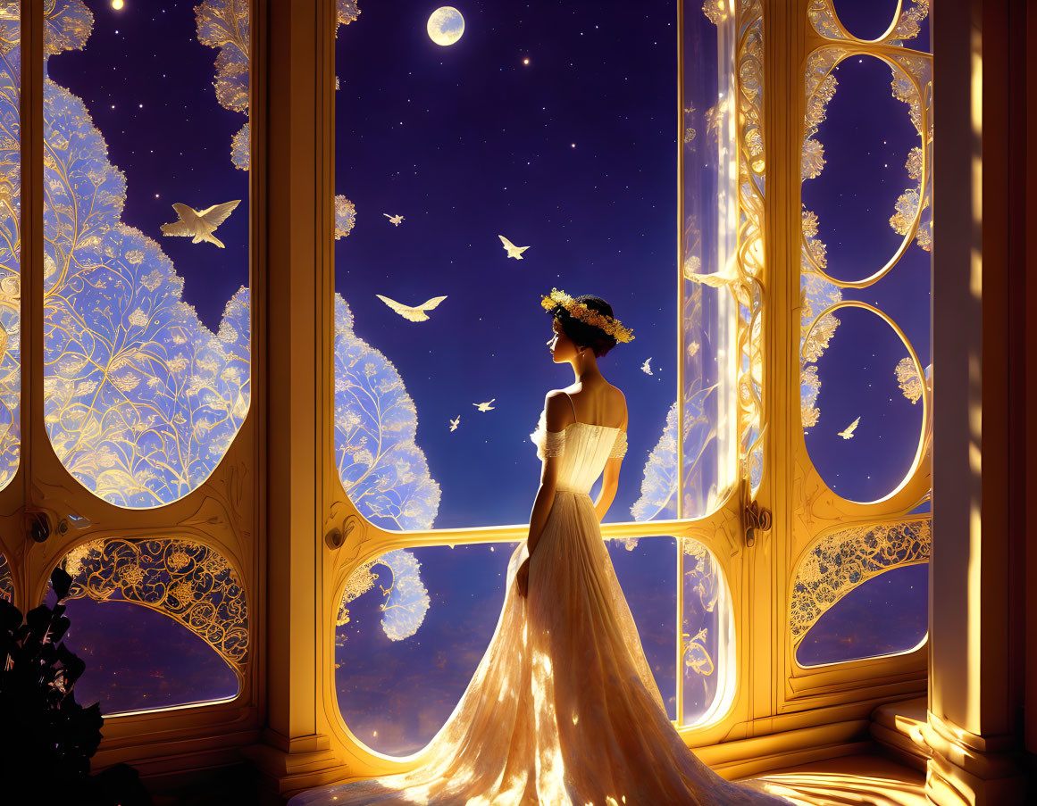 Woman in elegant dress gazes at night sky by grand window