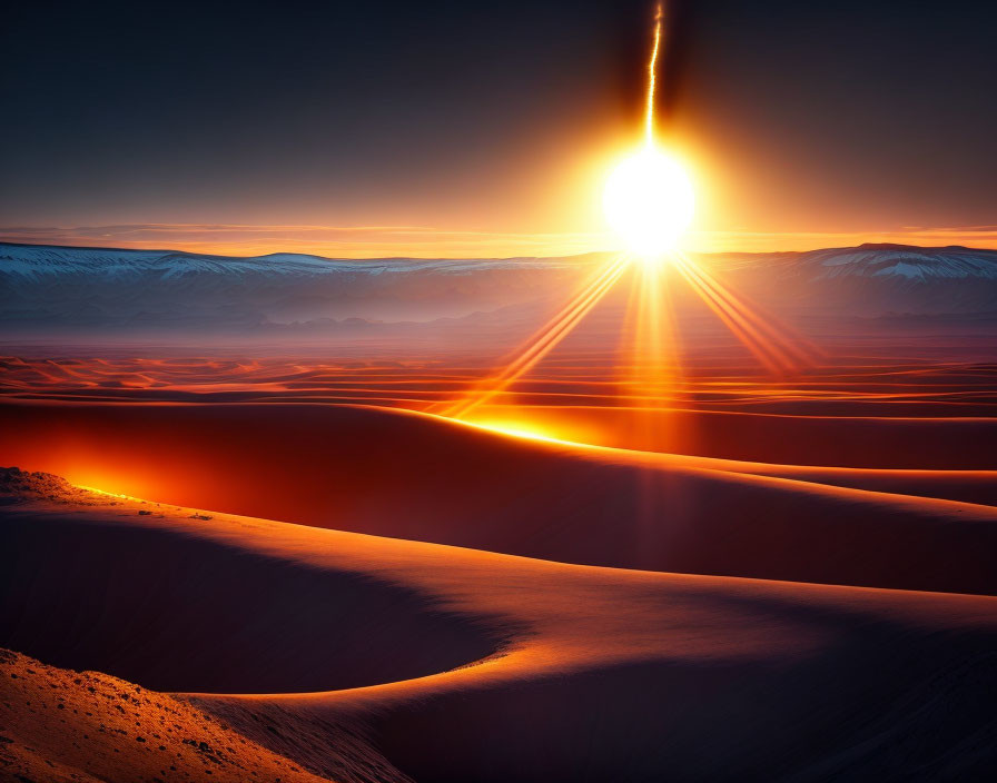 Vibrant sunset over sand dunes and mountains