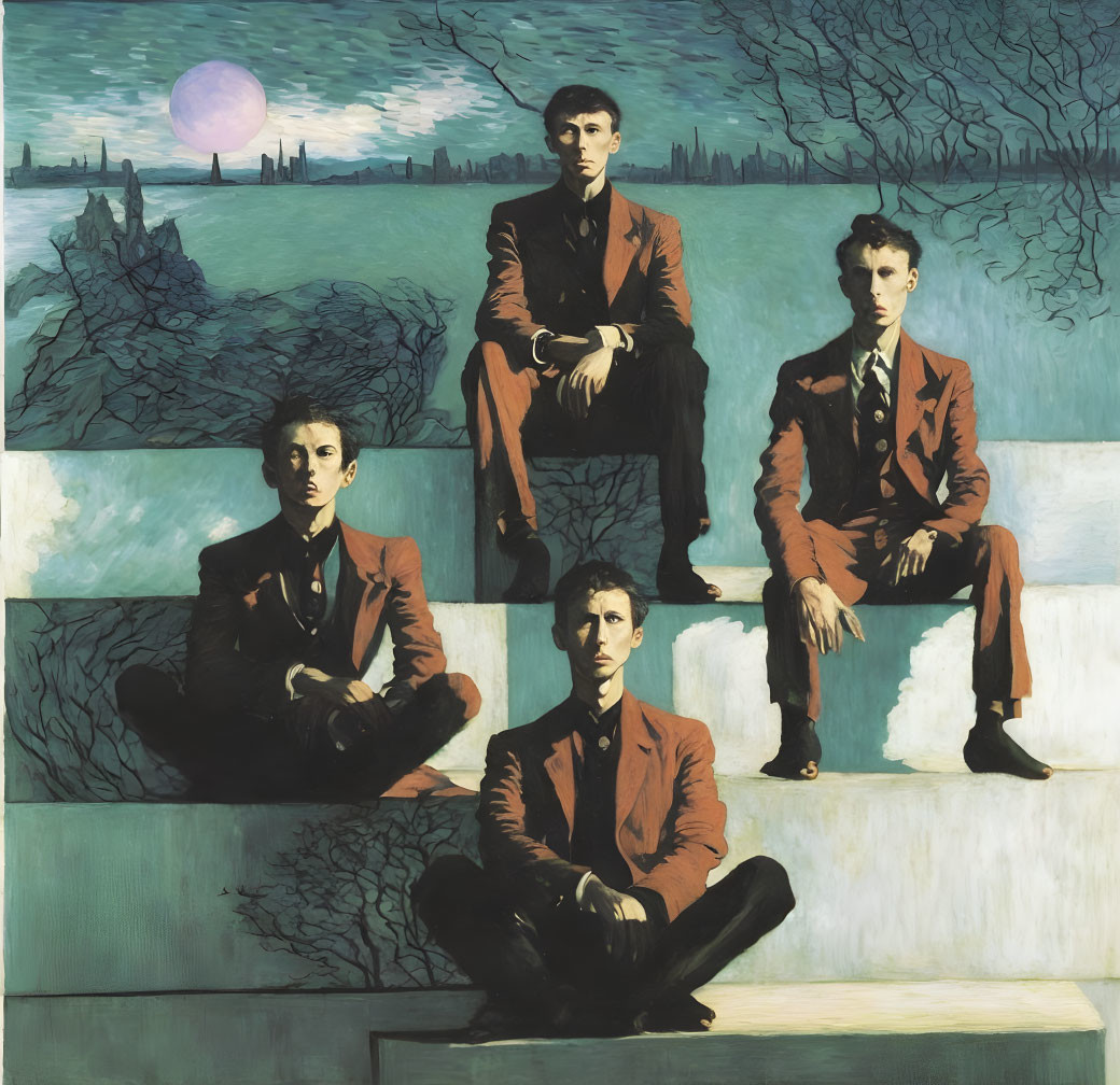 Surreal painting: Four men in red suits on steps with castle and moon