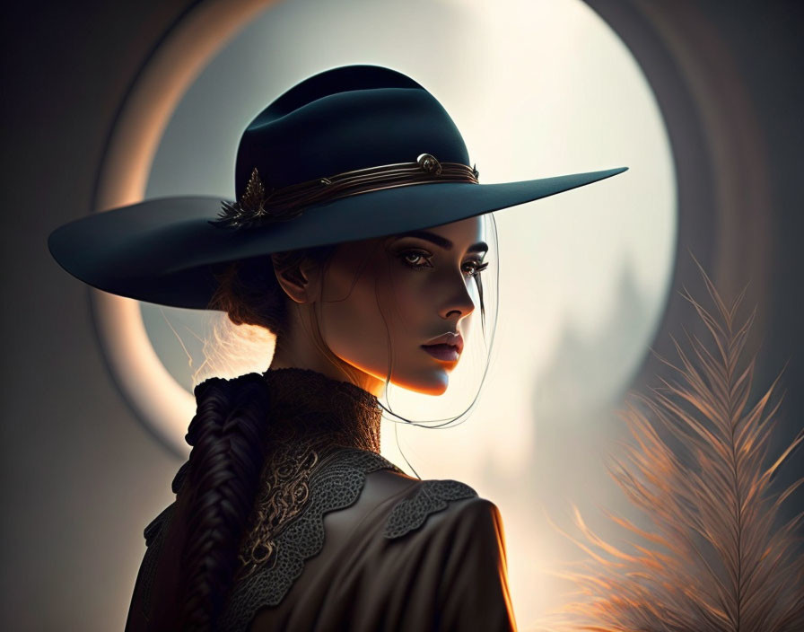 Silhouette of a woman in wide-brimmed hat with glowing circular backdrop