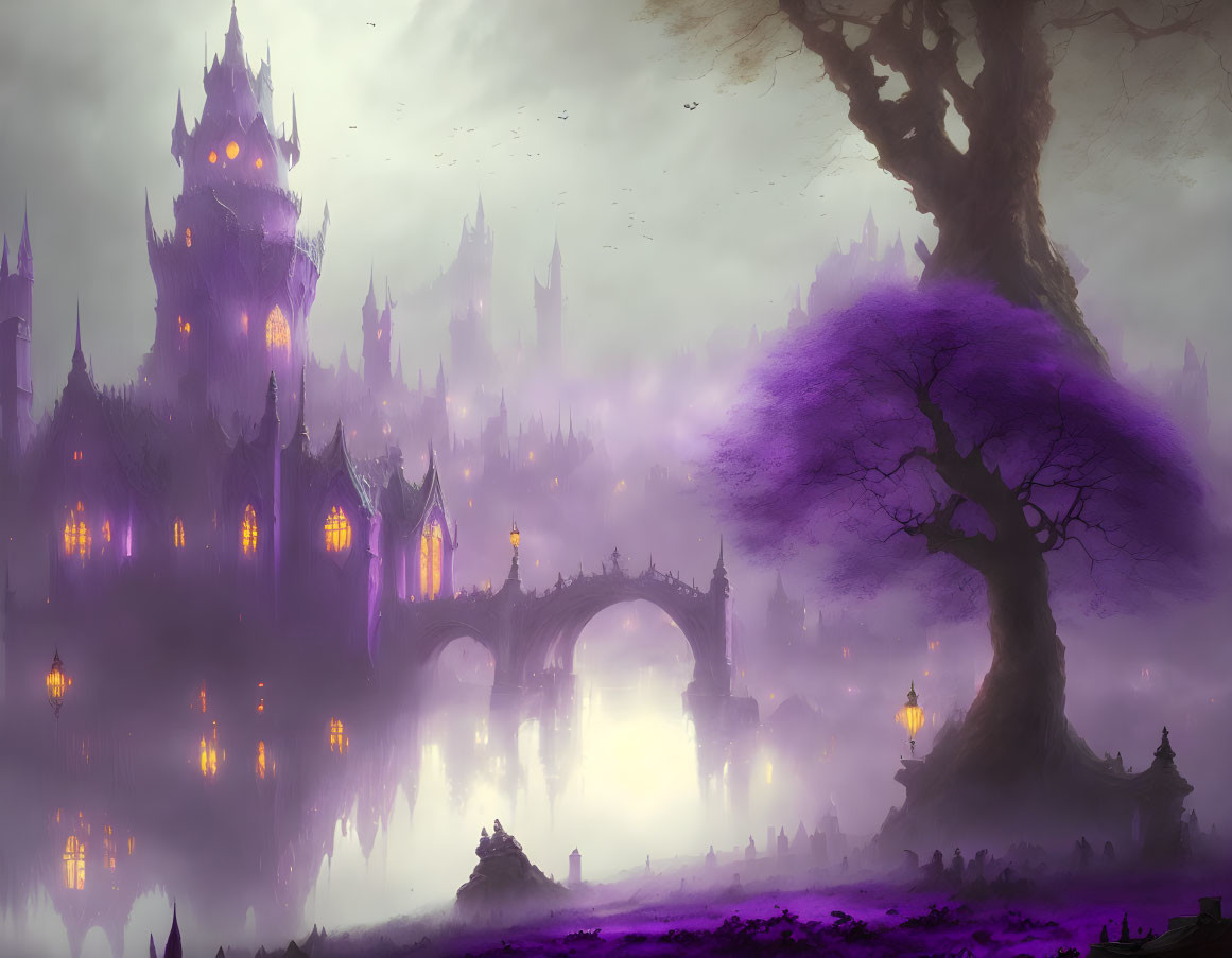 Mystical foggy landscape with glowing castle, bridge, tree, and figures