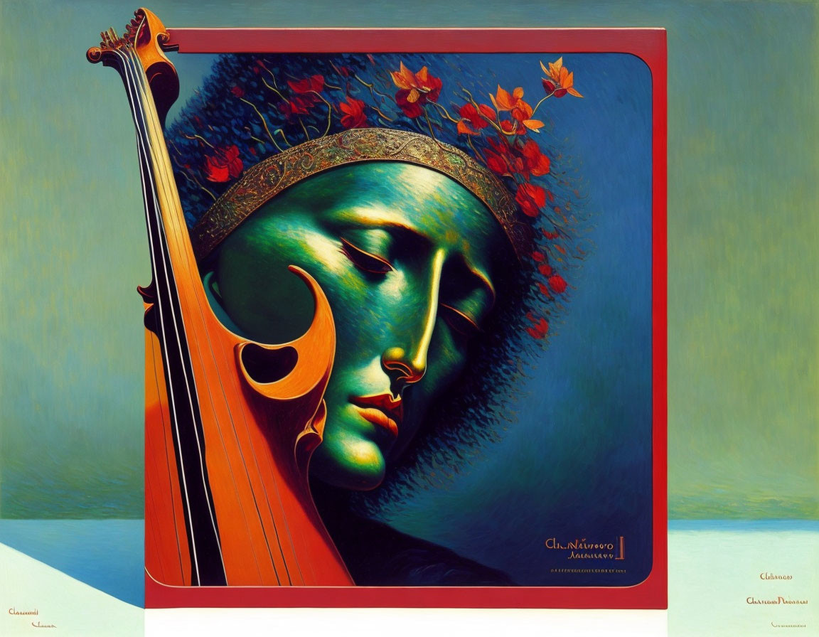 Surreal painting: Woman's face merges with violin, floral crown, vibrant colors