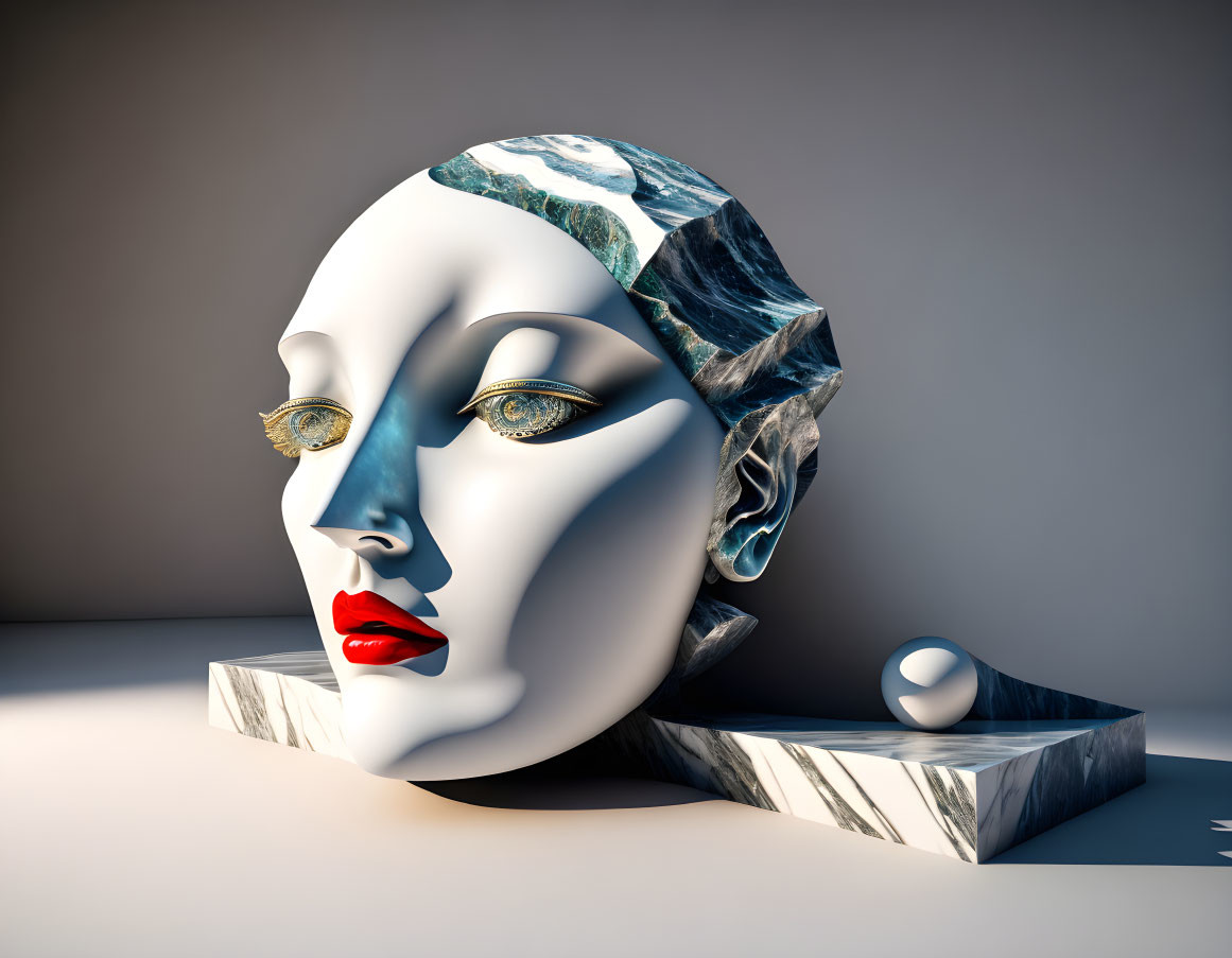 Surreal 3D illustration: stylized female face with marble texture, golden eyes, red