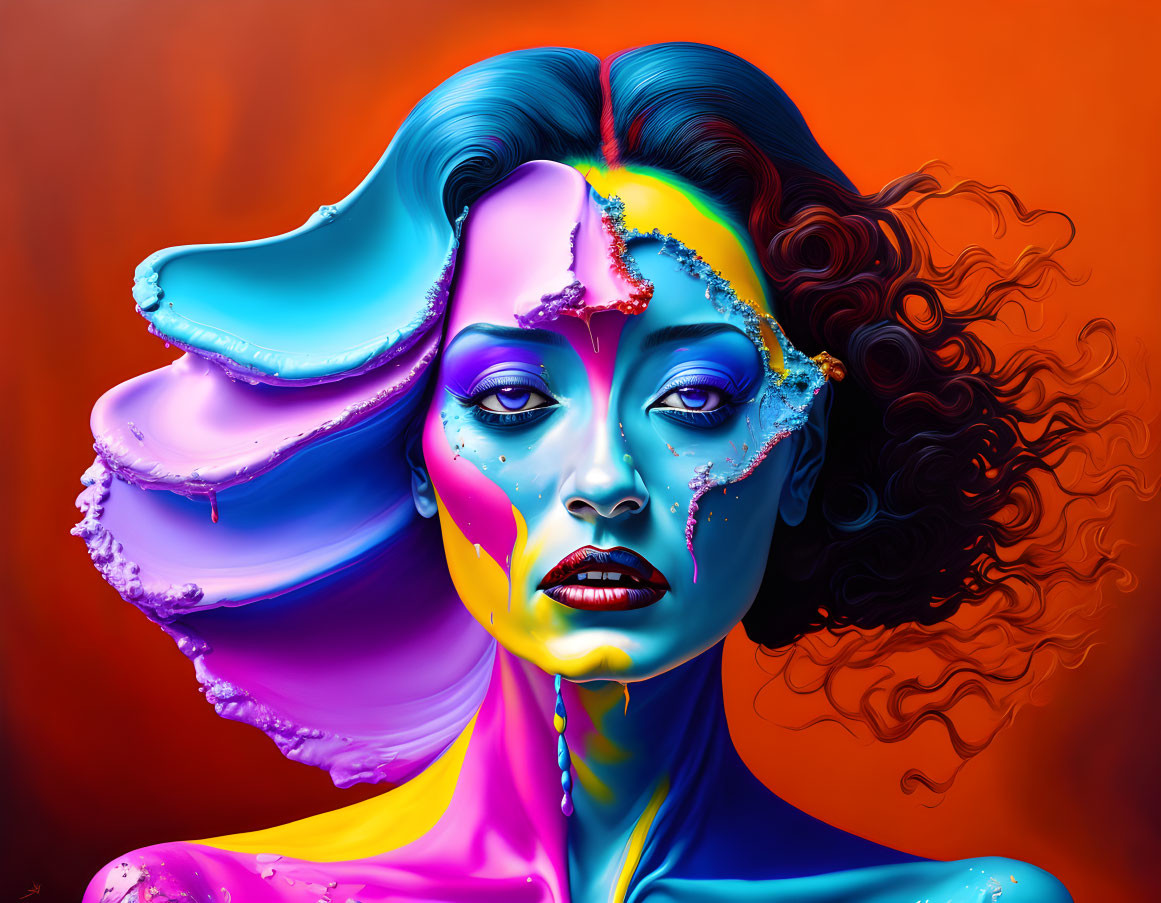 Colorful digital artwork: Woman with flowing liquid effect on face