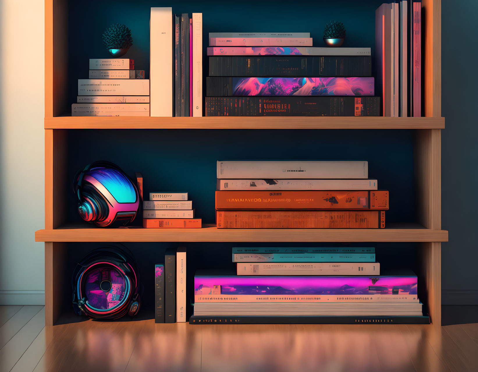 Wooden bookshelf with books, pink neon lights, headphones, and speaker on shadowed floor