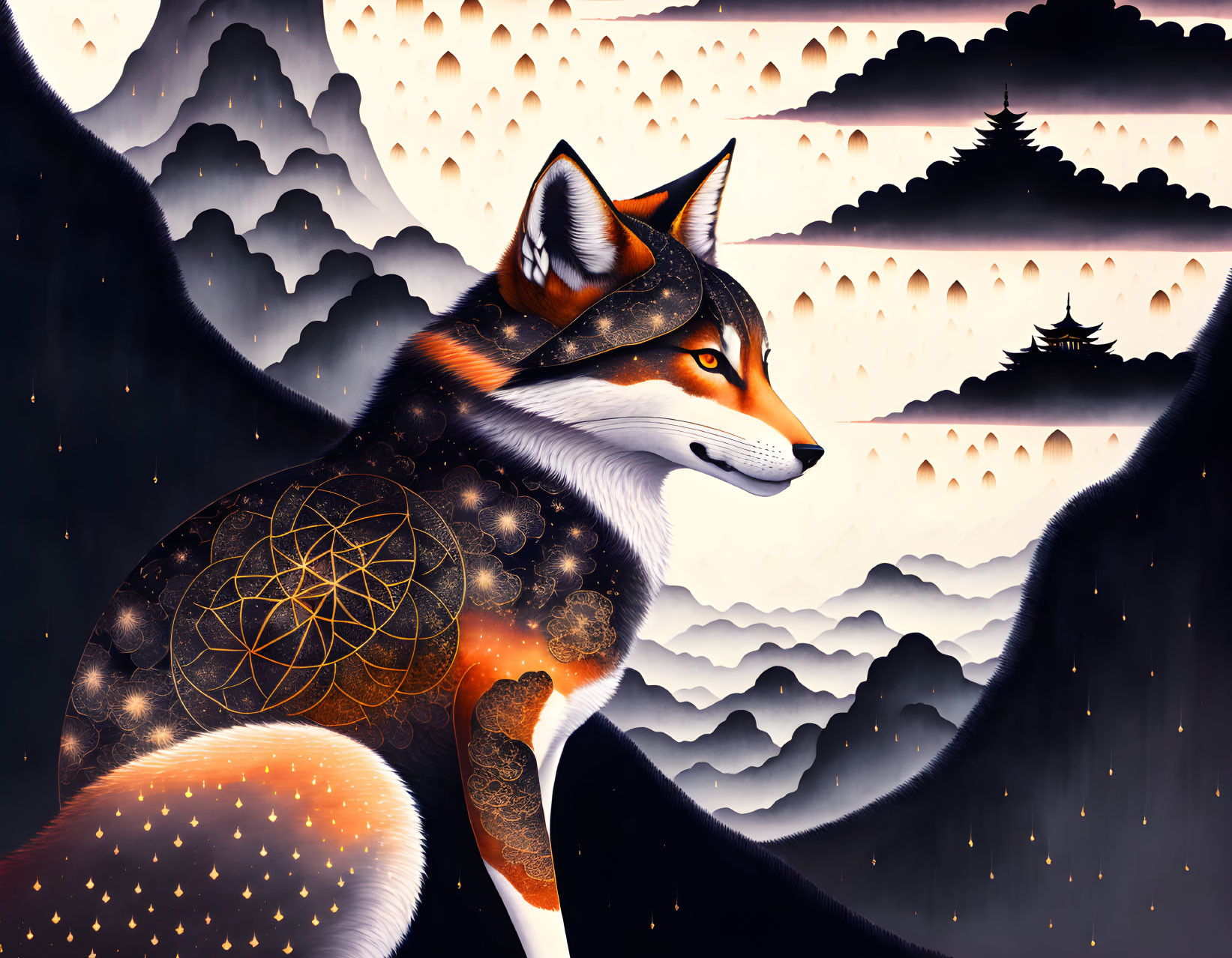 Patterned fur mystical fox in geometric landscape