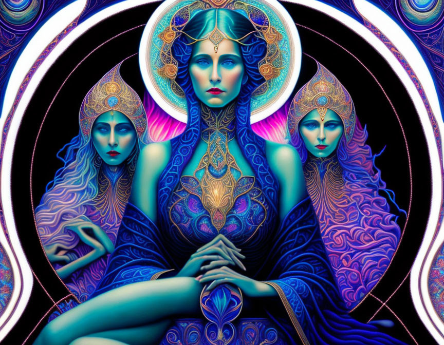 Colorful digital artwork: Three stylized female figures with blue and purple designs in circular patterns