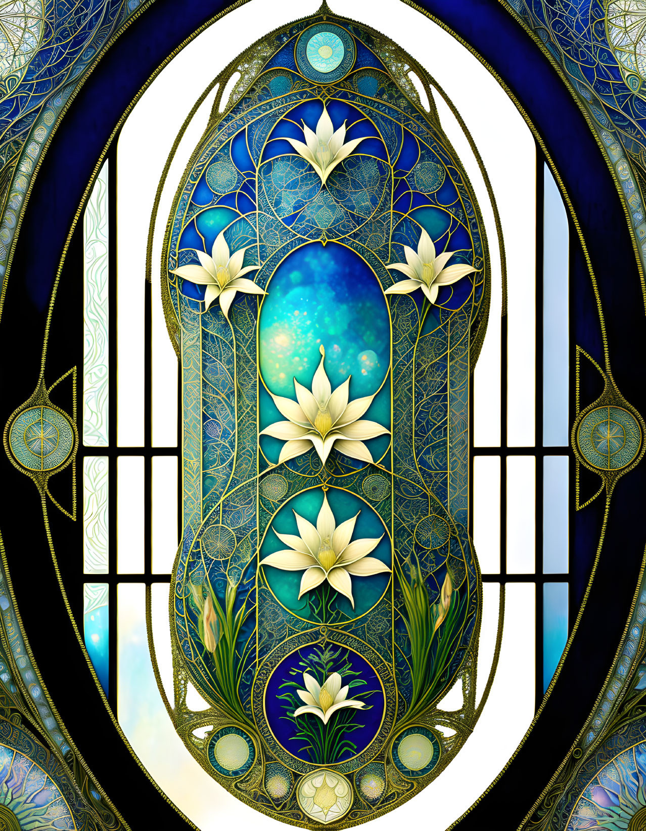 Stained glass window with cosmic blue background, white lotus flowers, and golden filigree.