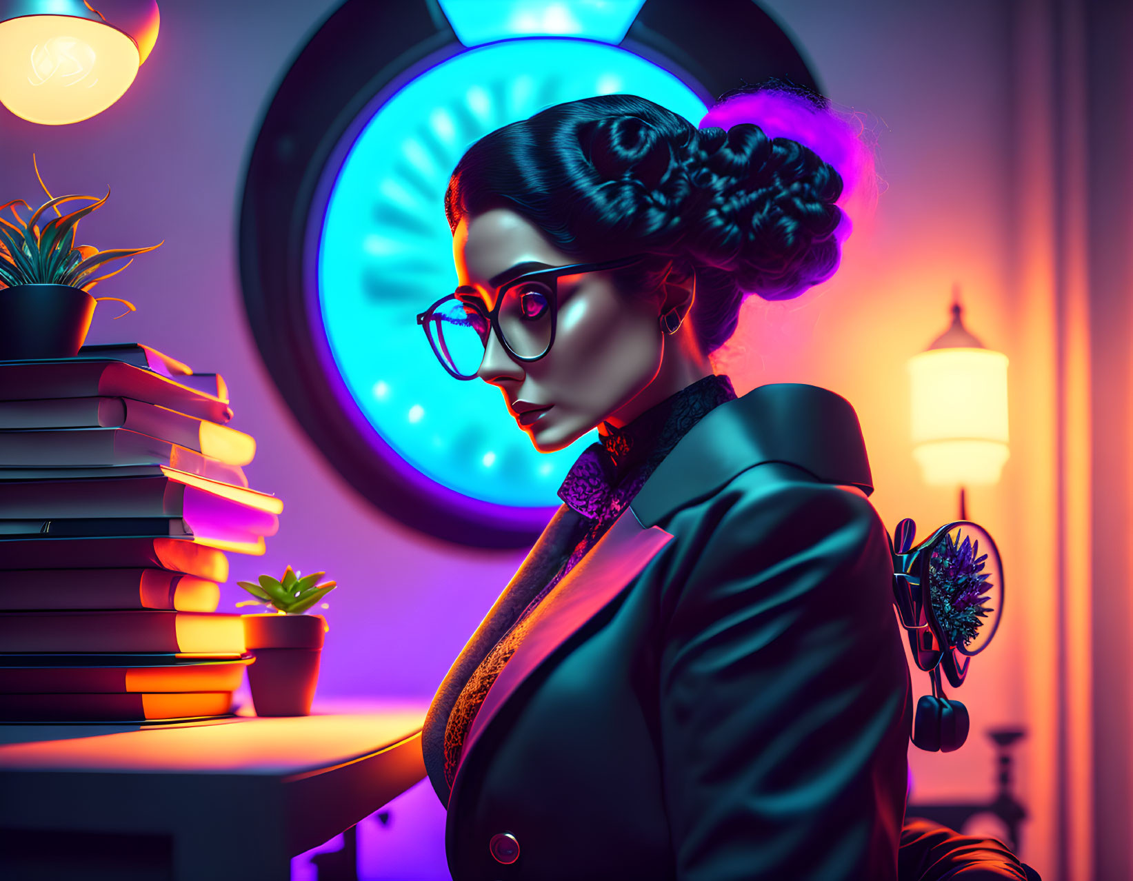 Digital portrait of a woman with glasses and books in neon-lit room