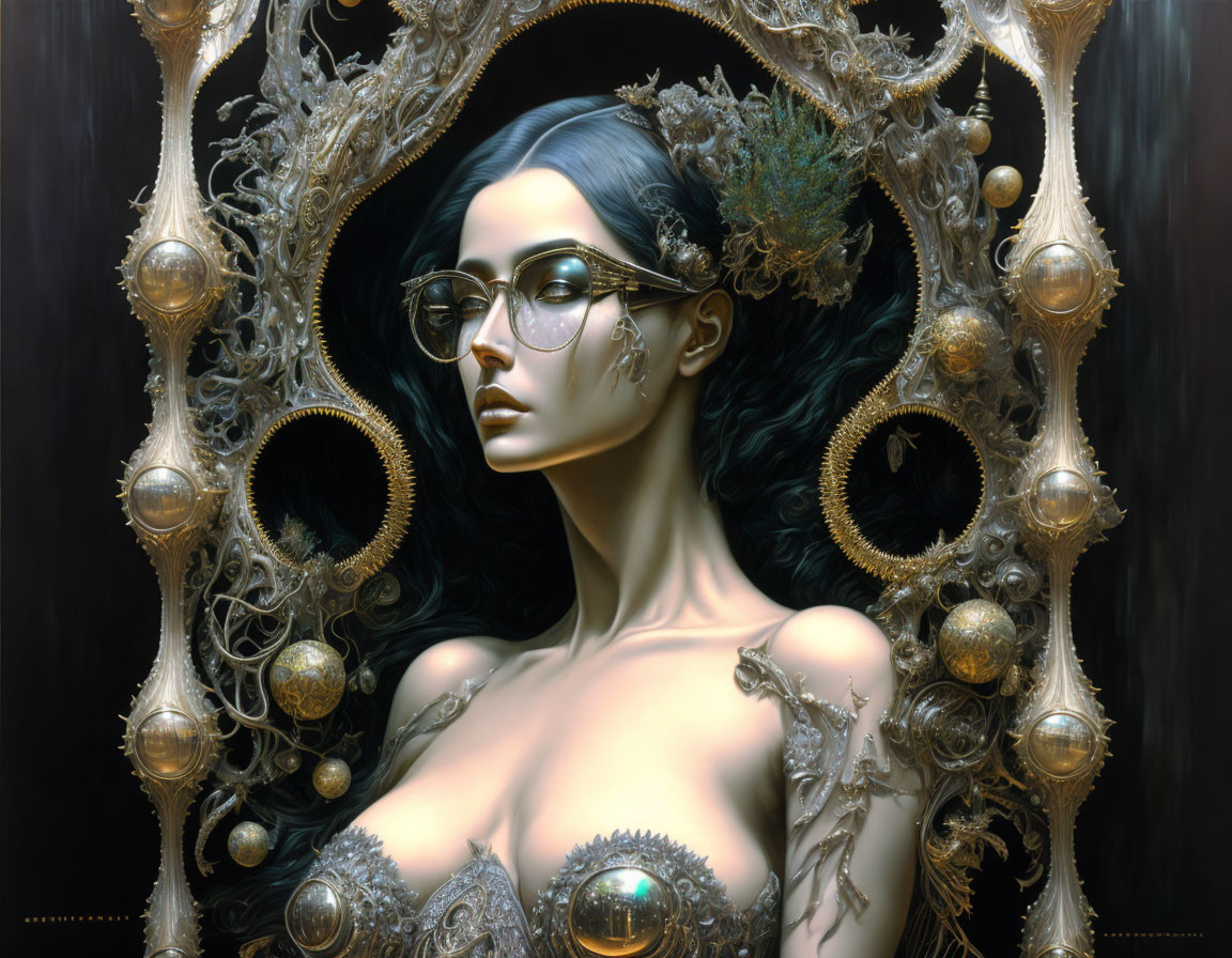 Digital artwork of a woman with glasses and ornate steampunk headpiece.